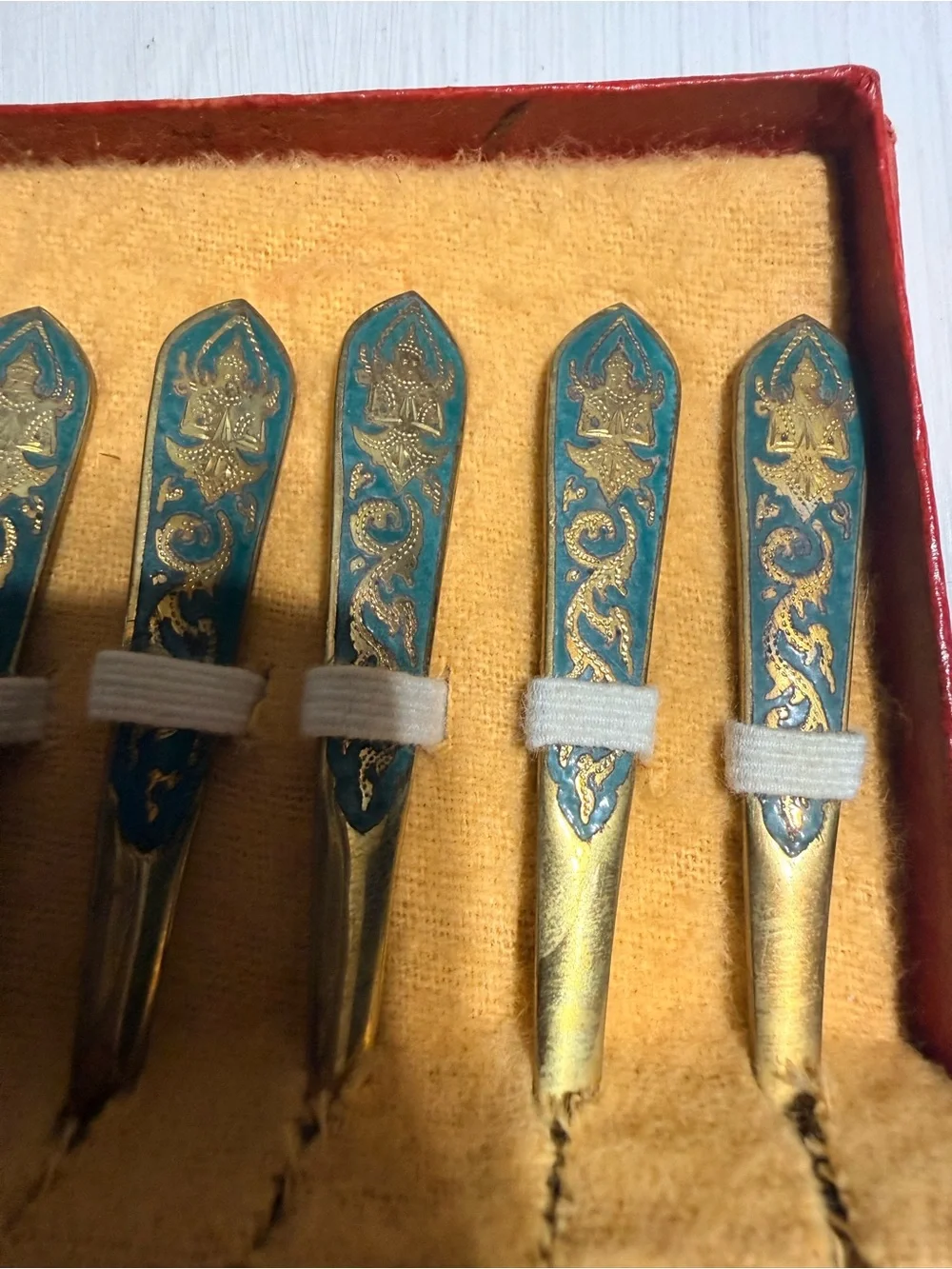 Vintage Brass Dessert Fork Set with Teal Floral Handles